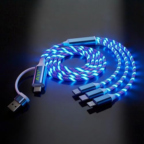 Image of AYI 6 in 1 USB LED Charging Cable, 39in Dynamic Flowing Light Cord, Flexible PVC Tangle-Free Wire, Smart Chip with Trickle Charge, Universal Data Sync Cable for Phones, Tablets, and More, Blue.
