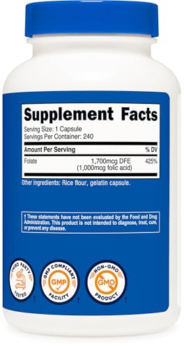 Image of Nutricost Folic Acid (Vitamin B9) 1000 mcg, 240 Capsules (3 Bottles)