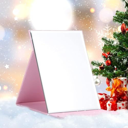 Image of Folding Portable Makeup Mirror with Adjustable Stand | HD Frameless Beveled Design | Travel-Friendly PU Leather Vanity Mirror for Desk, Dresser & Bathroom,Rectangular (Pink Square Edge Mirror)
