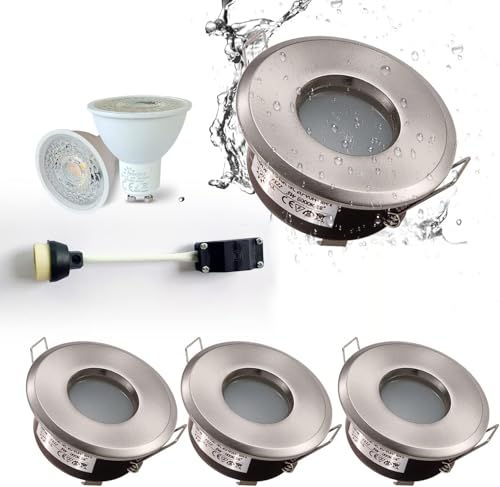 4XSweier Waterproof Bathroom Lights Ceiling Recessed IP65, 5W Cool White 6000K for Bathroom and Kitchen LED Ceiling Spotlights (Incl. GU10 lamp Holder) Satin Nickel Downlight Cutout 68mm