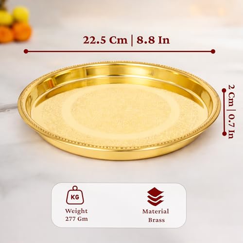 Image of Spillbox Brass Pooja Thali for Mandir Traditional Pital Puja Engraved Aarti Thali for Diya Kumkum Haldi Hindu Prayer Worship Plate for Temple Home Pooja Festival Use[250g]-9inch-Petal Plate