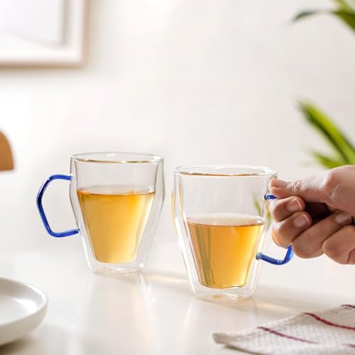 Image of Nestasia Double Wall Borosilicate Glass Mugs Set of 2 (250ml Each) - Microwave & Dishwasher Safe Transparent Glass Tea Cups with Blue Handles | Food Safe & Durable Coffee Mugs - Ideal for Gifting