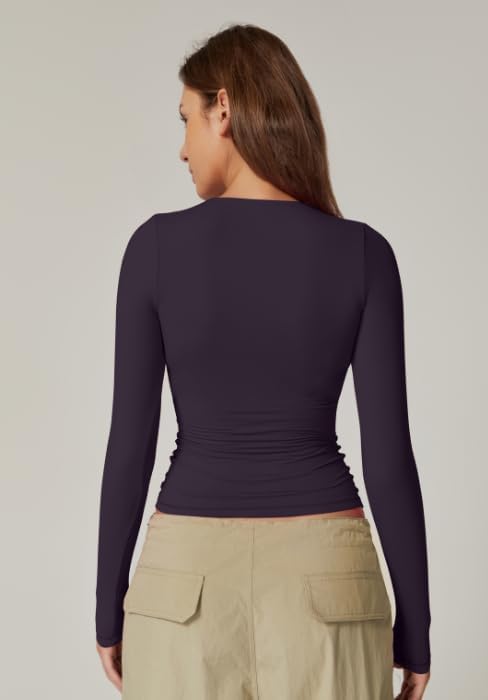 QINSEN Women's Sexy Square Neck Shirt Long Sleeve Double Lined Tees Fitted Going Out Tops - Image 2