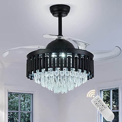 42 Inches Black Ceiling Fan,Invisible Blades Crystal Fandelier Modern Remote Control 6 Speeds Set Retractable Ceiling Fan Chandelier Lighting For Dinning Room Bedroom Living Room (Dimmable) #TOP23
