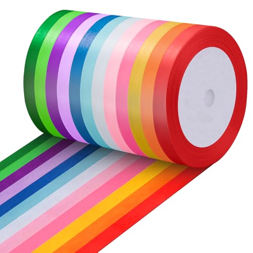 12 Farben Schleifenband - 10mm x 22m Geschenkband, Seidenband Satinband Set...