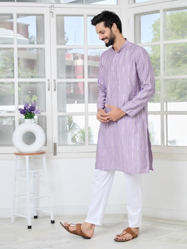 Image of See Designs Men's Full Sleeve Mandarin Collar Sequins Embroidered Straight Long Kurta - Festive Collection