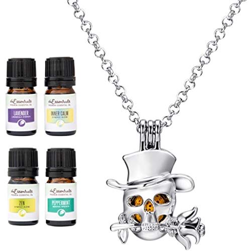 mEssentialsmEssentials Wild Skull Tophat Oil Diffuser Necklace Gift Set Includes Aromatherapy Pendant, 24" Stainless Steel Chain, 6 Lava Stones and Pure Oils (Lavender, Peppermint, Inner Calm and Zen)