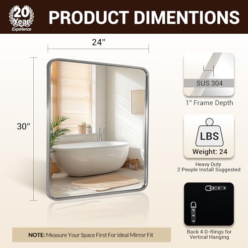 Image of ANDY STAR 24x30'' Brushed Nickel Bathroom Vanity Mirror Over Sinks, Rounded Rectangle Bathroom Wall Mirror in 1'' Seamless Tube Metal Frame,SUS304-Anti-Rust, Wall-Mounted Horizontal /Vertical