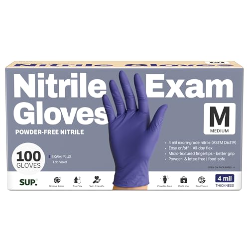 SUP Powder-Free Nitrile Exam Gloves 100 Count Food Safe Latex-Free Medical Non-Sterile Cooking Disposable Glove Blue Violet (Medium)