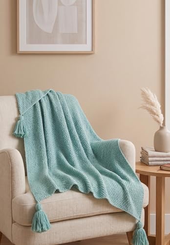 Image of Furnistitchs Plain Solid Knitted Sofa Throw Blanket 50x60 inches / 125x150 cms| Cotton Plain Knit with Tassels | Aesthetic Bohemian Decorative Couch Throws for Living Room & Bedroom (Aqua)