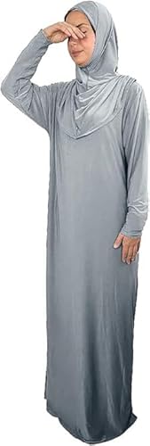 BoxForSister Muslimisches Gebetskleid für Frauen mit integriertem grauem Schleier, Hijab zum Überziehen, Jilbeb Khimar für Ramadan, langes Damenkleid für Ramadan, Gebetskleidung für Salat