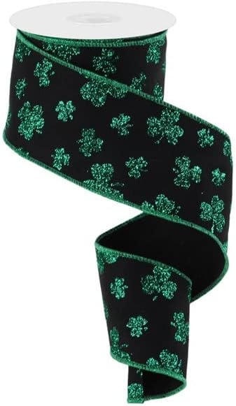 Glitter Shamrocks Wired Edge Ribbon, Black and Green St Patricks Wired Ribbon, 2.5 x 10 Yards