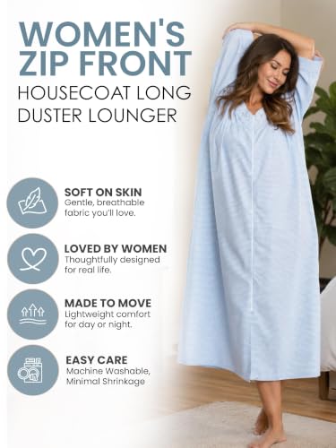 Image of Casual Nights Women's Zip Front Woven House Dress | 3 /4 Sleeves Housecoat Long Duster Lounger