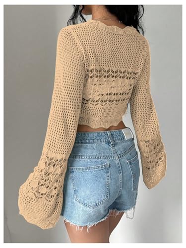 Image of OYOANGLE Women's Crochet Tie Front Sweater Cardigans Bell Sleeve Knitted Cropped Bolero Shrug Cardigan