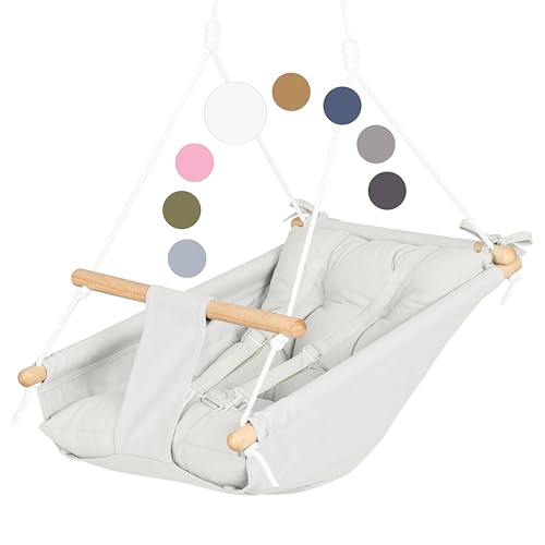 Leinwand Baby Hängematte Schaukel von Cateam - Hängende Schaukel aus Holz für Baby mit Sicherheitsgurt und Montageteilen. Baby Hängemattenstuhl Geburtstagsgeschenk. (Elfenbein)