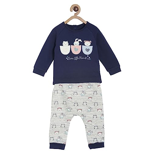 Image of miniklub Girls Navy Blue & White Printed Cotton T-Shirt With Capris