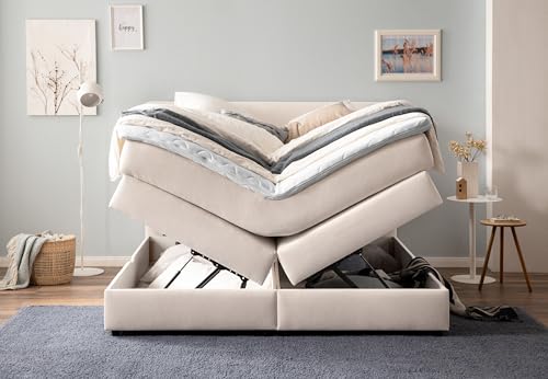 Belanoti Loft Boxspringbett 180x200 mit Bettkasten 7-Zonen Taschenfederkern Matratze inklusive Visco Topper Bett 180x200 in der Farbe Beige H2 und H3 Polsterbett mit Stauraum – Bild 4