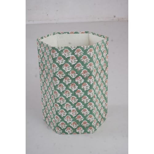 Image of Floral Hand Block Printed 3.3 Gallon Decorative Waste Basket - Eco-Friendly Cardboard Trash Can, Plastic-Free & Sustainable, Perfect for Christmas and Housewarming Gifts (1, Green Botti)