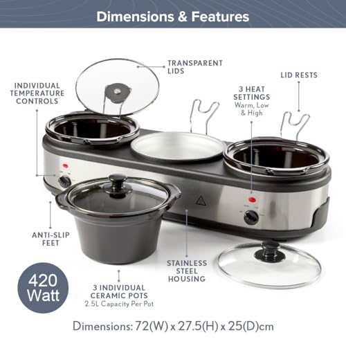 Quest Triple Slow Cooker, Buffet Server & Food Warmer, 7.5L Total Capacity - 3x 2.5 Litre Ceramic Pots, Easy to Clean, Includes Lids & Lid Stands, 3 Heat Settings - Image 3