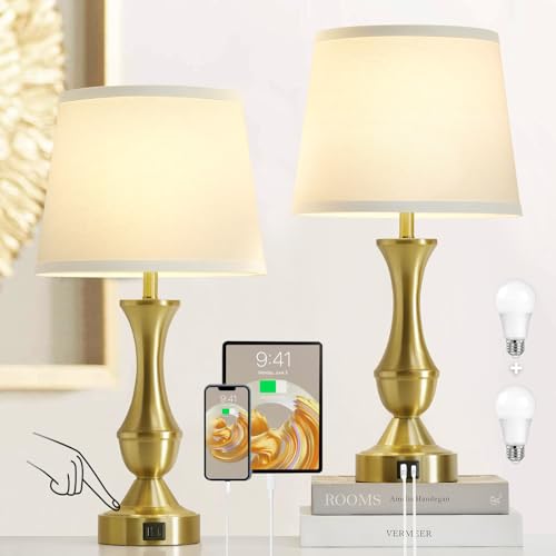 Image of Luvkczc 22 inch Gold Table Lamps Set of 2 - Modern Luxury Bedside Lamps | White Fabric Shade, Dimmable & Dual USB C+A Ports, Nightstand Lamps for Bedroom /Living Room (Bulb Included)