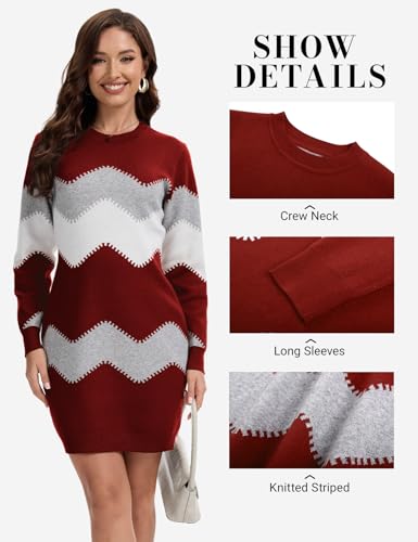 Image of PEHMEA Women's Striped Mini Bodycon Sweater Dress Long Sleeve Knitted Slim Fit Pullover Dresses(Red-M)