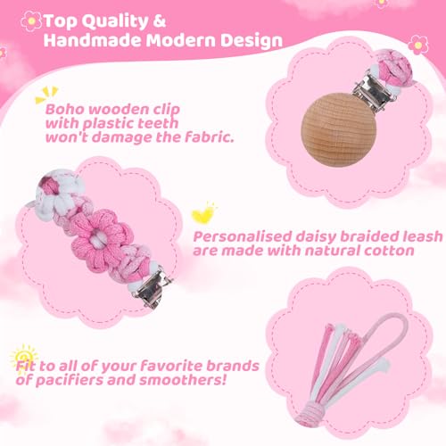 Image of Pacifier Clip for Boys Girls Floral Daisy Macrame Baby Paci Clip Pacifier Holder Leash Boho Wooden Clips Handmade Braided Cotton Binky Clips (1pack:Pink Daisy A)