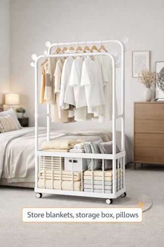 Image of Raawan Heavy Duty Double Rod Clothes Rack with Side Storage Shelves | Metal Garment Stand Organizer | Space Saving Cloth Hanger Stand for Bedroom, Living Room & PG (2 LAYER + BOX WHITE)
