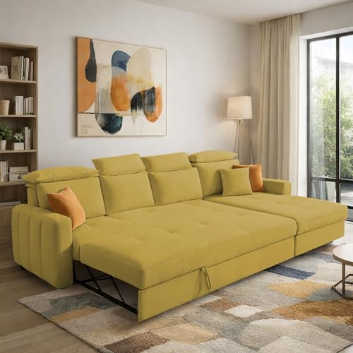 Image of Casaliving Gagnon RHS 6 Seater L Shape Corner Sofa Cum Bed for Living Room (Yellow Fabric) Premium Fabric Sofa
