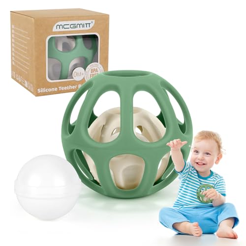 MCGMITT Jouet Dentition Bebe Balle Pour Naissance – Sensorielle avec Hochet Montessori, Beißring Bébé à partir de 3 Mois, Jouet de Développement Éducatif, Cadeau de Naissance Sans BPA 0-12 Mois, Vert
