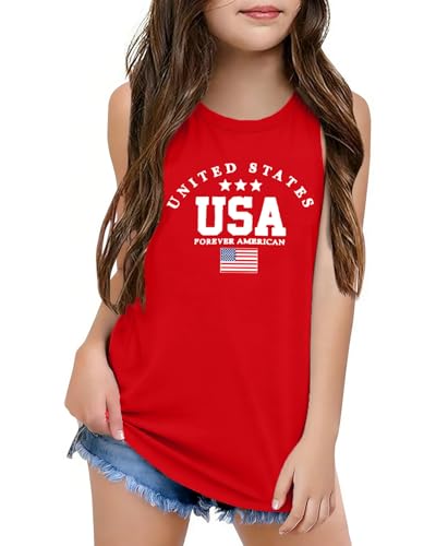 Image of CAZYCHILD Girls American Flag Tank Tops Boys 4th of July Shirts USA Summer Sleeveless Tee Independence Day Outfit 5-14y
