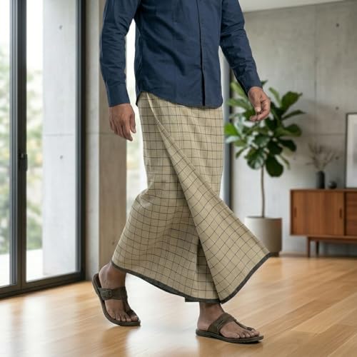 Image of Premium Pure Cotton Lungi for Men 1.98 x 1.28 Meters | Khaki Checkered Dhoti, Handwoven Ethnic Wear, Traditional Cotton Mundu, Hem-Stitched Single Lung, Comfortable Daily Use