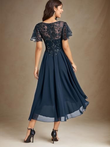 A line Elegant Wedding Guest Dress Mother of The Bride Dress Asymmetrical Chiffon Scoop Neck Short Sleeve Sequins 20243