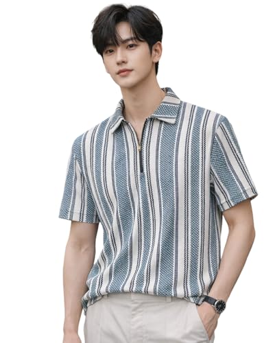 London Hills Men’s Loose Fit Half Sleeve Vertical Striped Polo T-Shirt with Zip Collar | Premium Polyester Fabric | T Shirt for Man | Tshirt | Shirts Men | Tshirt for Man | Men T-Shirts Teal