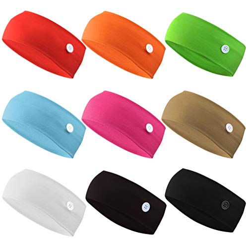 9pcs Headband with Buttons Headbands for Women Wide Cotton Headbands Elastic Headbands with Ear Protection Holder Soft Sport Head Wrap Button Headband for women girl Yoga Sports Hair (9 colors)