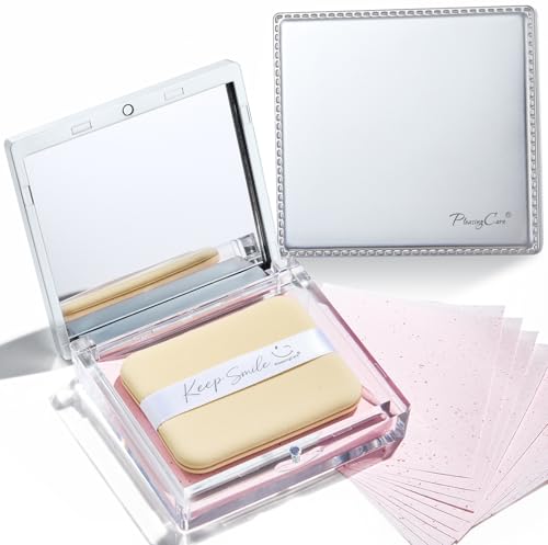 Image of Blotting Papers for Face with Mirror and Puff, 100 Count Rose Oil Blotting Sheets for Oily Skin, Portable Compact for Purse, Travel, and On-the-Go Touch-Ups