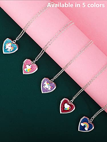 Hicarer 5 Pcs Heart Locket Necklace Unicorn Mermaid Rainbow Picture Pendant Heart Necklace Photo Secret Chain Jewelry Christmas for Girls Boys Kids Birthday Jewelry Gift4
