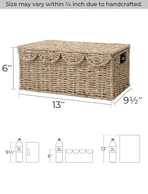 StorageWorks Wicker Storage Basket with Scalloped Edge Lid, Wicker Basket with Built-in Handles, Handwoven Seagrass Box for D¨¦cor, 13 L x 9 ? W x 6 H