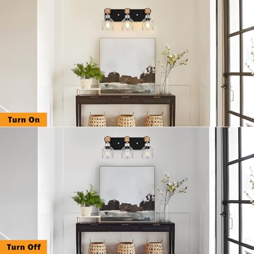 Image of FadimiKoo 3-Light Wood Bathroom Light Fixtures Over Mirror, Rustic Black Silver Famhourse Sconces Wall Decor with Elegant Metal Lampshade for Living Room, Bedroom, Porch