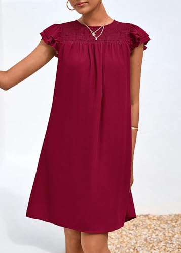 Image of KIRUNDO Wedding Guest Shift Dresses for Women Short Spring Summer Ruffle Cap Sleeve Chiffon Babydoll Flowy Mini Sundress(Jujube Red, Medium)