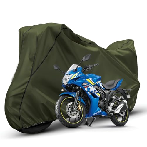 Image of Waterproof Bike Body Cover Compatible with Suzuki Gixxer Dustproof Scratchproof - Motorcycle Cover for Two Wheeler, Outdoor Full Cover with UV, Duty, Rain Protection (Olive with Black)