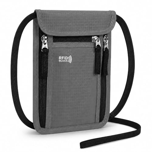 Portadocumenti da Collo Viaggio,Porta Passaporto da Collo Impermeabile con Protezione RFID,HMCEY Borsa Porta Telefono Regolabile,Borsa a Tracolla Sul Petto Uomo Donna per Denaro, Carte - Grigio Scuro