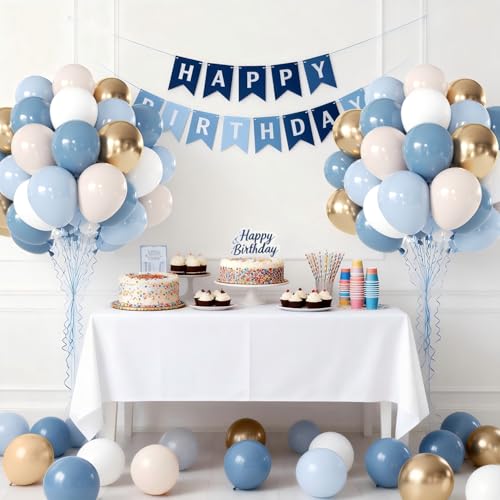 Image of Dusty Blue and Gold Balloons, Light Blue White Sand, Latex, Party Decor | 50 Pcs 12 In, Dusty Blue Gold Balloons, for Gender Reveal Birthday Graduations Weddings Bridal Shower Party Decorations