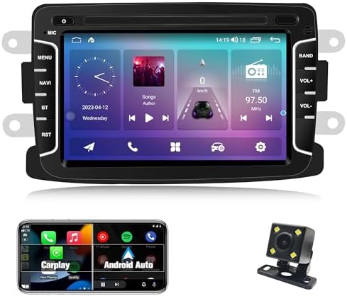 4G 64G Sans Fil Carplay Android Autoradio pour Renault Logan 1 Sandero 2009-2015 Dacia Duster 2010-2017 9 Pouces Autoradio avec Android Auto GPS Navi WiFi Bluetooth FM/RDS/32EQ/USB/SWC Caméra de Recul