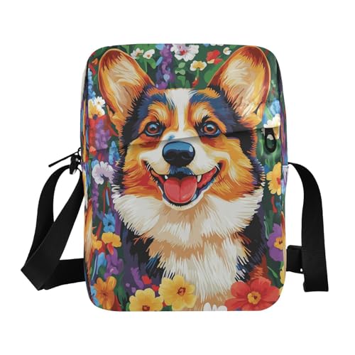 Small Messenger Bag Corgi Flowers Red Crossbody Bag for Men Women Purse Fanny Pack for Outdoor Travel