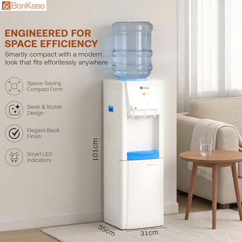 Image of BonKaso Top Loading Hot, Cold & Normal Water Dispenser | 20L Non-refrigerated Cabinet | Food-Grade ABS Body, LED Indicator, Child Lock, Removable Tray | 1 Year Warranty | White /Blue