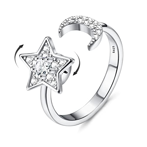 MILACOLATO 925 Sterling Silver Ring for Women Girls Adjustable Knuckle Rings Fidget Ring for Anxiety Spinning Ring Open Band Ring Stackable Ring Moon Star Ring with Gift Box