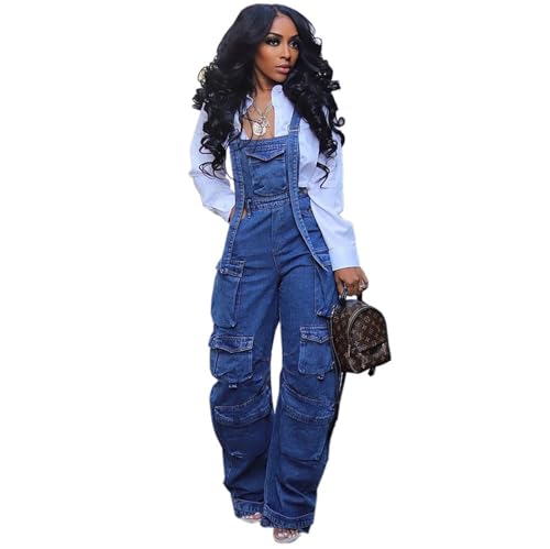 Women's Multi-Pocket Romper Stylish Denim Suspenders Baggy Suspenders Street Casual Jeans Plus Size Cargo Pants