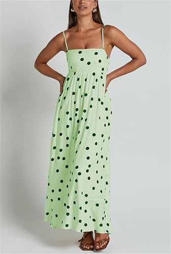 Image of Yuemengxuan Boho Maxi Dresses for Women Spaghetti Strap Flowy Smocked Long Dress Casual Summer Vacation Beach Maxi Dress