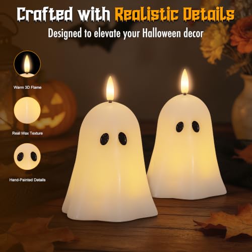 Image of Ghost Flameless Candles with Remote Timer, Spooky Halloween Decor For Home | Flickering Battery Operated LED Candles, Real Wax, Hand Painted, Table Fireplace Mantel Party Festival Decoration Gift, 2Pack