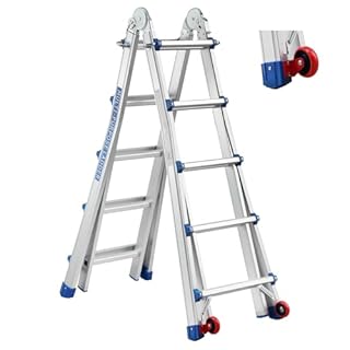 TEENO Scala Telescopica Multiuso in Alluminio 5,1M, Scala Pieghevole 5x5 Gradini con Rimovibile Ruote e Base Rinforzata Triangolare, Sistema di Accesso Estensibile, Telescopico da Salita, Carico 150KG